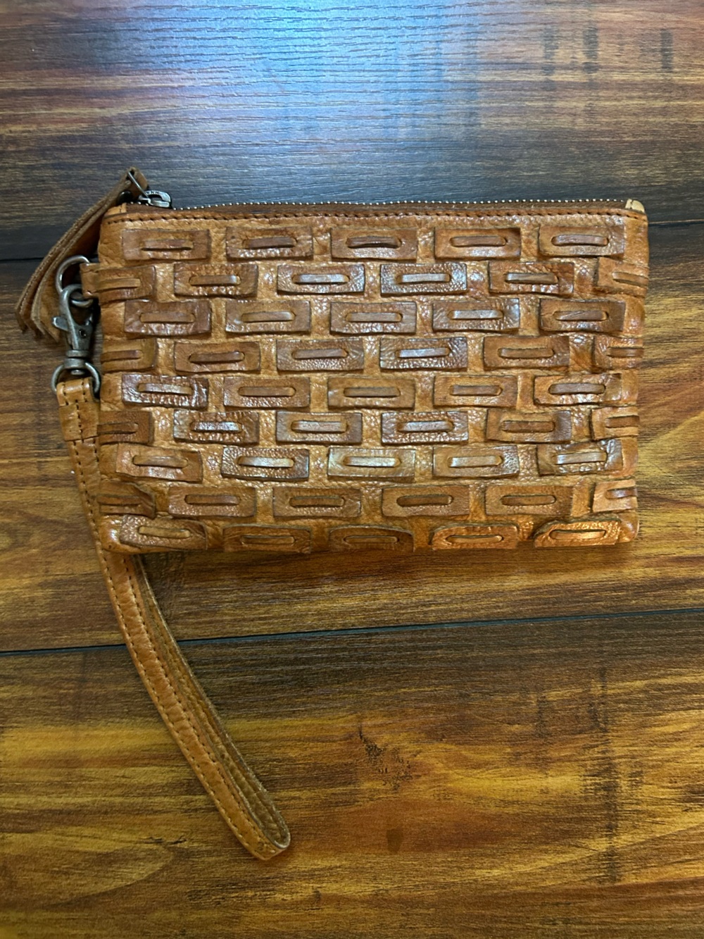 RARE Latico Woven Leather Wristlet Wallet in Cognac Brown w/ strap